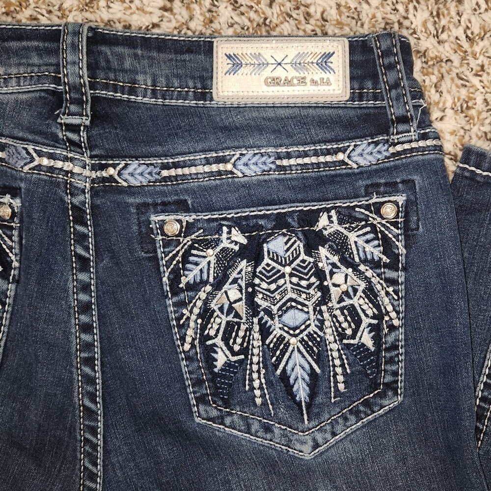 Grace in LA Women’s Easy Fit Mid-Rise Bootcut Jeans Feather Embroidery Bling Siz - Picture 9 of 14